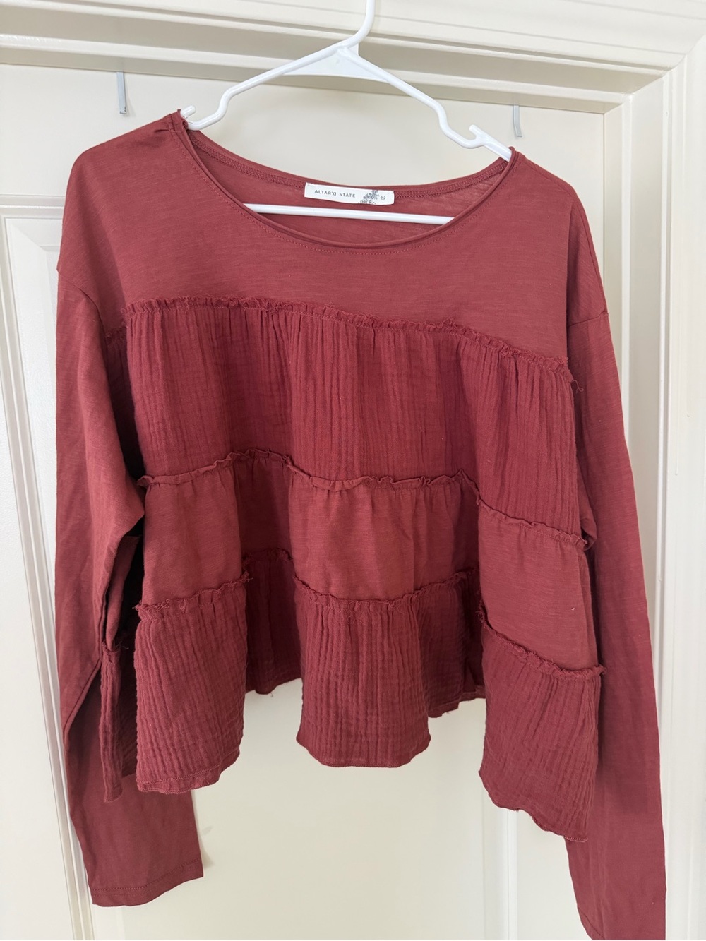 Altar'd State Long Sleeve Tiered Ruffle Top - Mauve Red - Picture 2 of 7